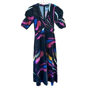 Gabrielle Union NY & Co Women’s Med Black Pink Abstract Belt Short Sl Maxi Dress